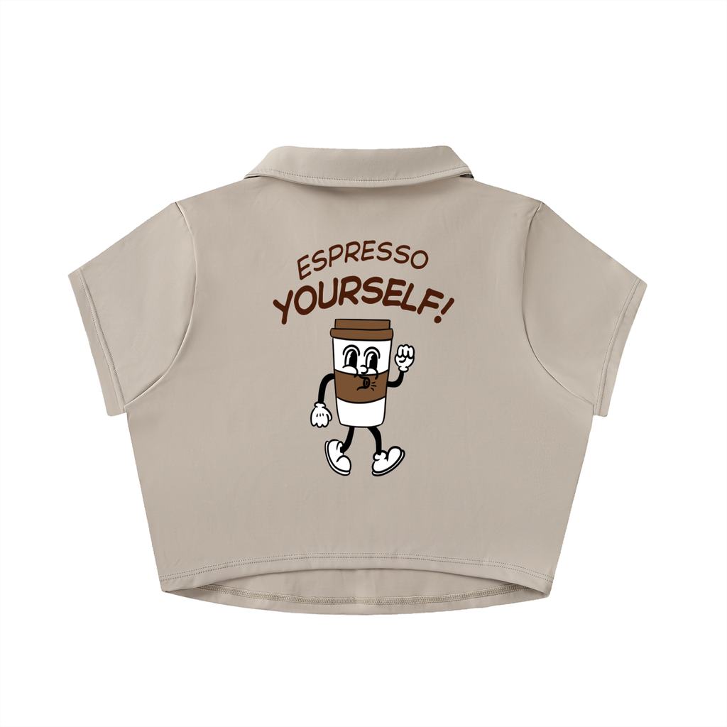 V-Neck Lapel Crop Top in Light Coffee – back view