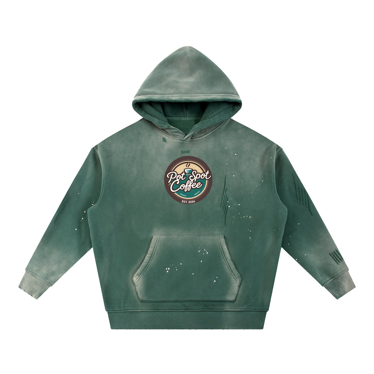 Vintage Washed Frayed Fleece Hoodie in Retro Green – front view